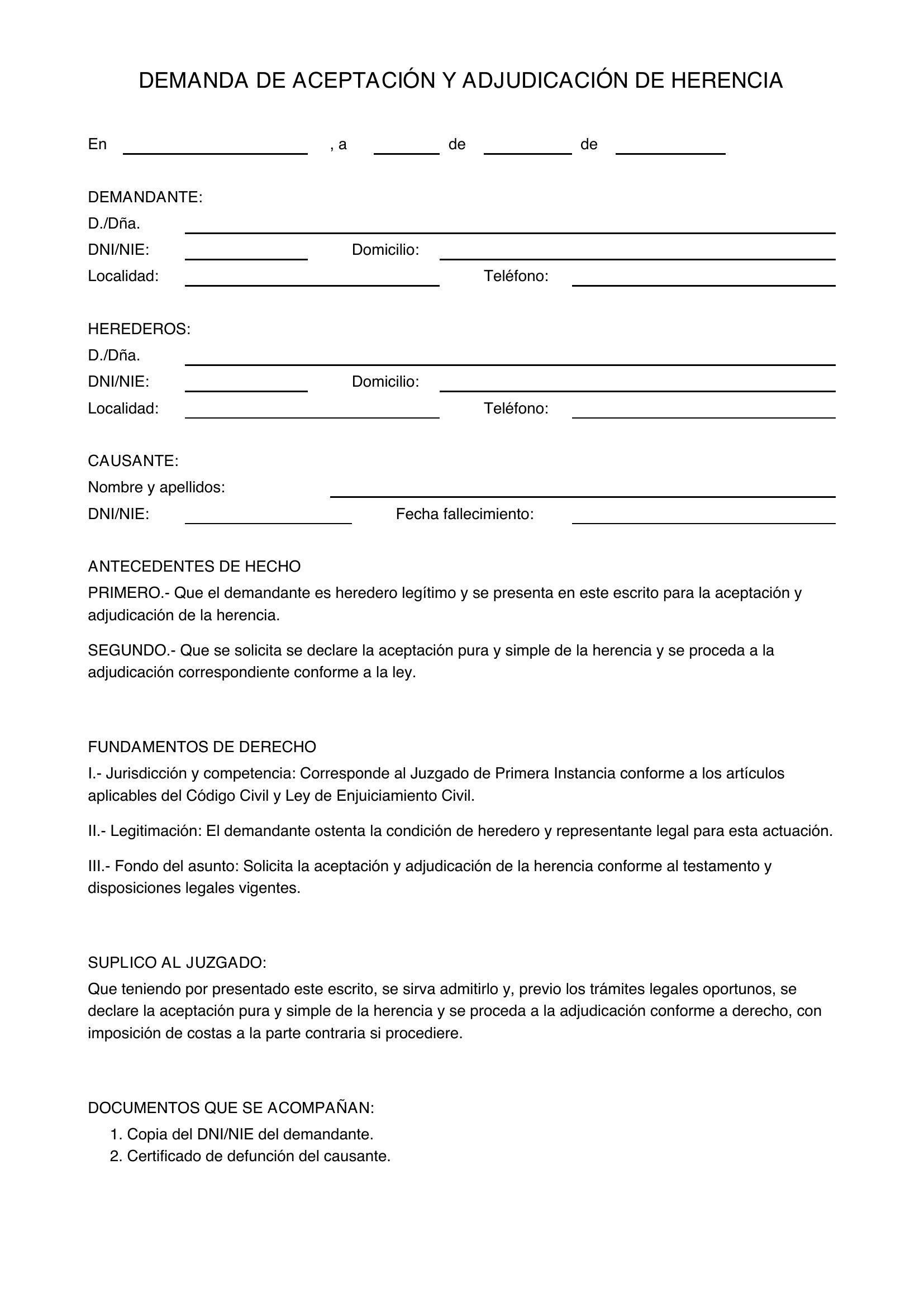 Modelo Demanda Aceptación Y Adjudicación De Herencia