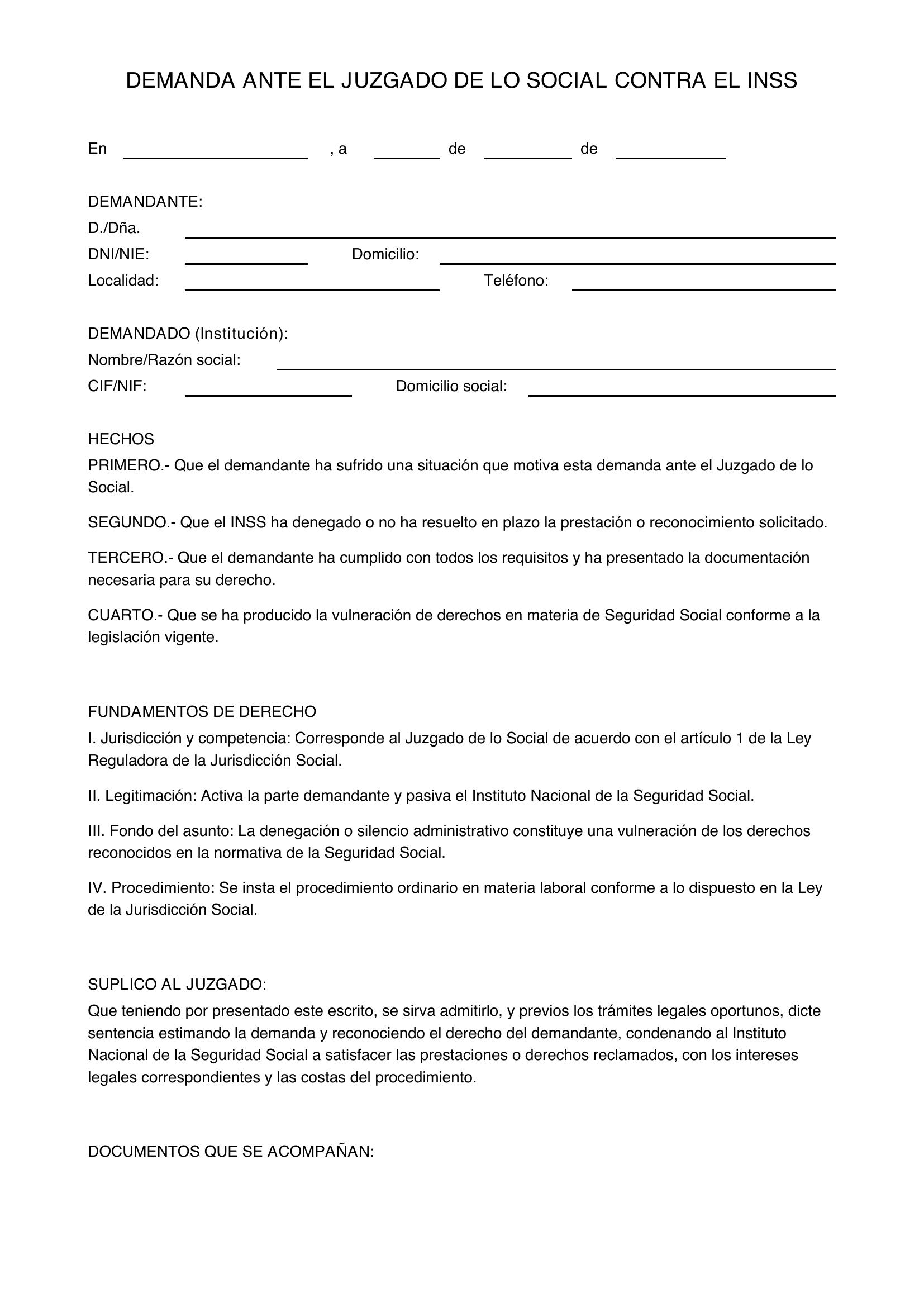 Modelo Demanda Ante El Juzgado De Lo Social Contra El Inss