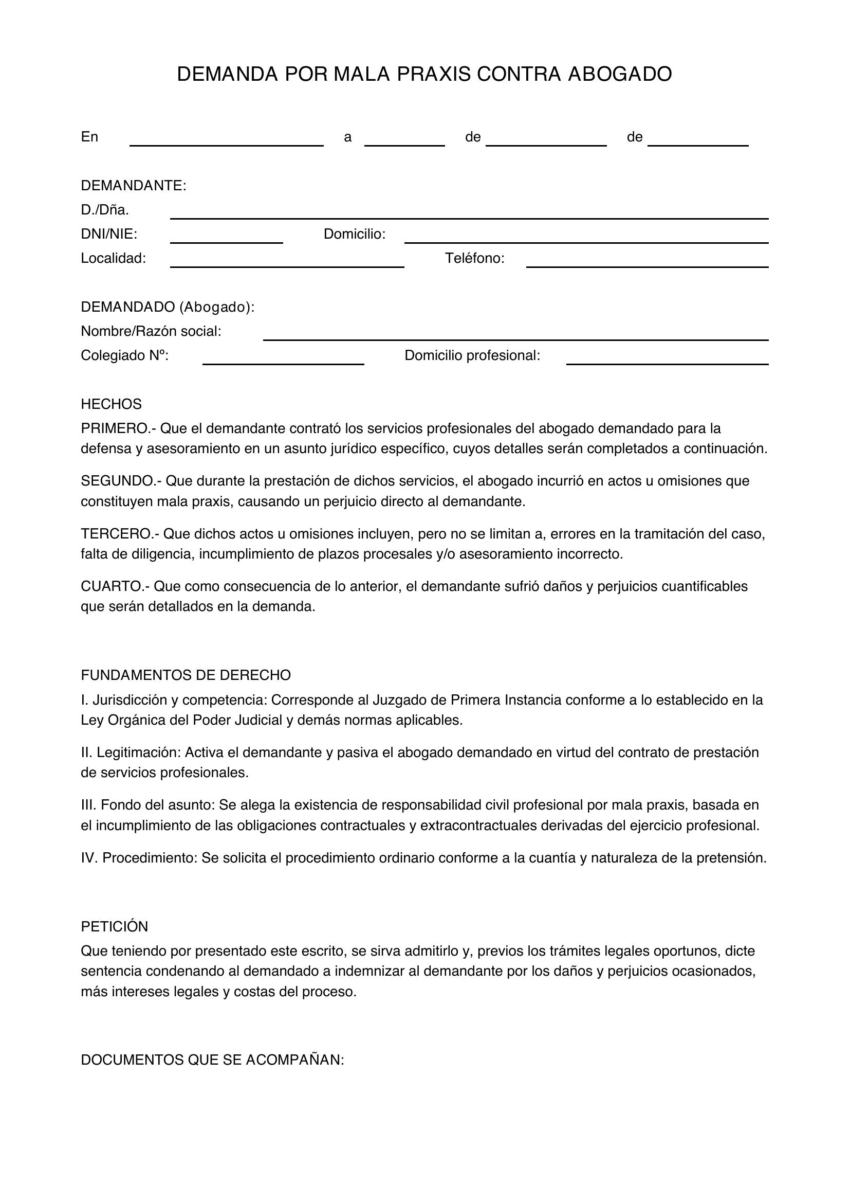 Modelo De Demanda Contra Abogado Por Mala Praxis