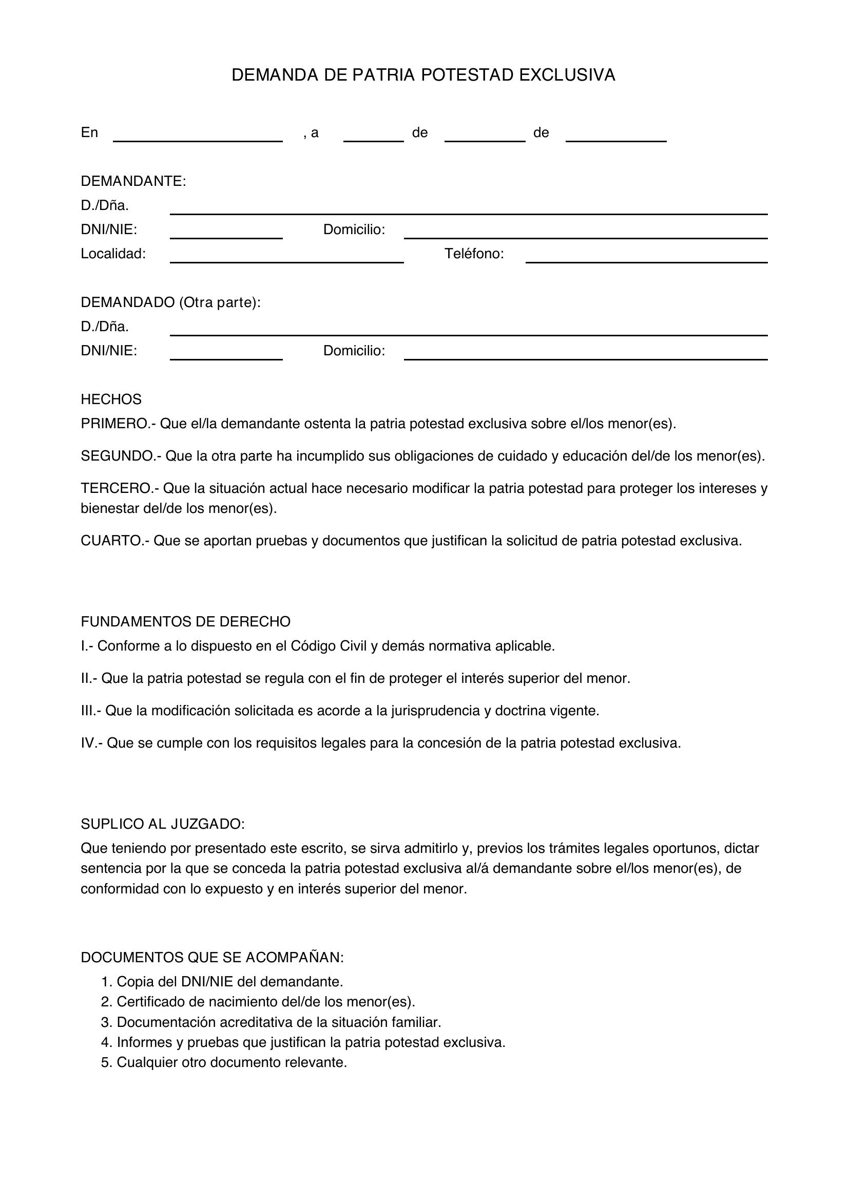 Modelo Demanda Patria Potestad Exclusiva